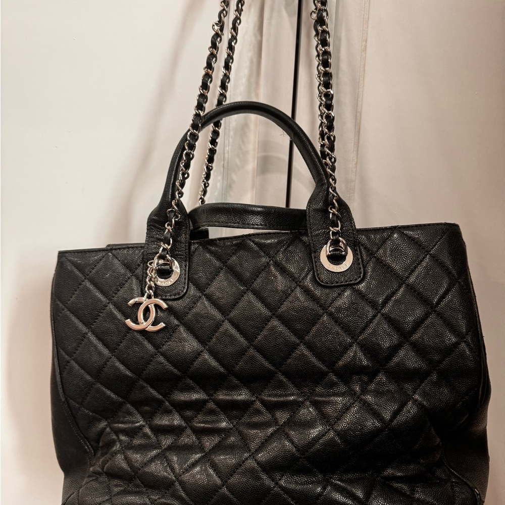 CHANEL Black Quilted Tote with Chain Handles